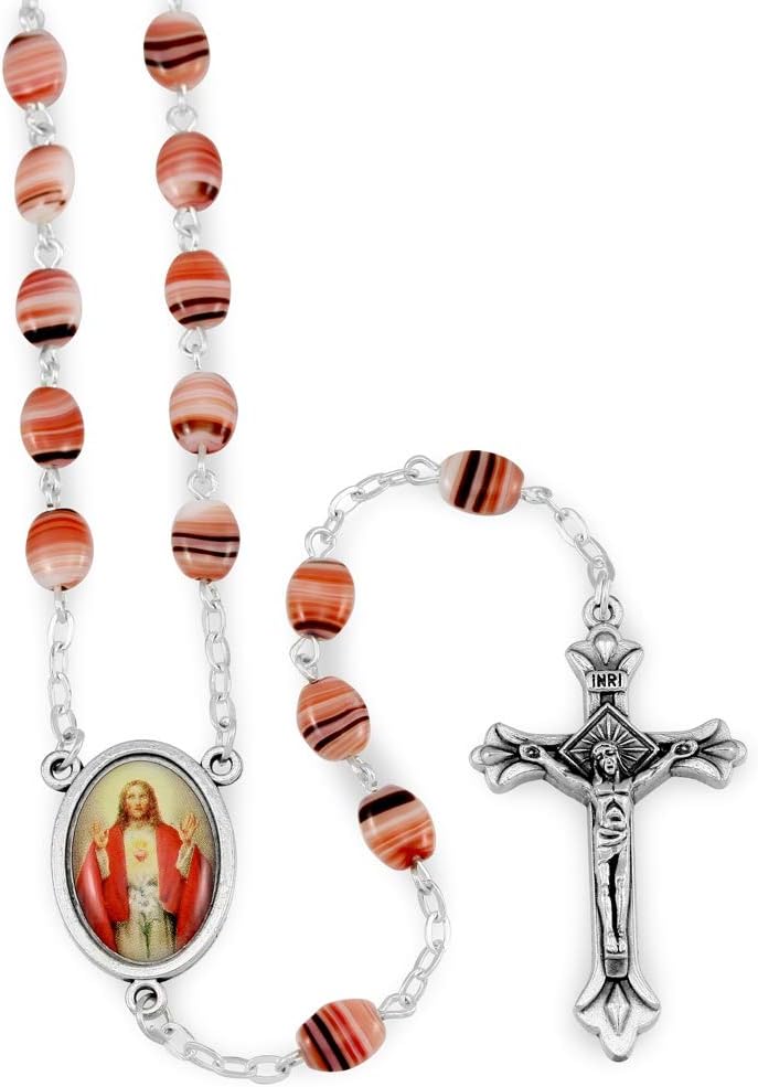 RosaryMart Rosary Catholic Women Glass Striped Beads Sacred Heart - Image 1