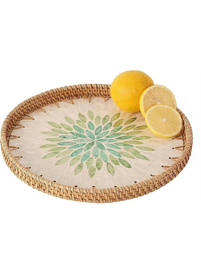 صينية من الخيزران مرصعة بعرق اللؤلؤ، سلة عرض من الخيزران للديكور، صينية تقديم دائرية للخبز والفواكه والقهوة والضروريات اليومية (11.8 بوصة) - Image 1