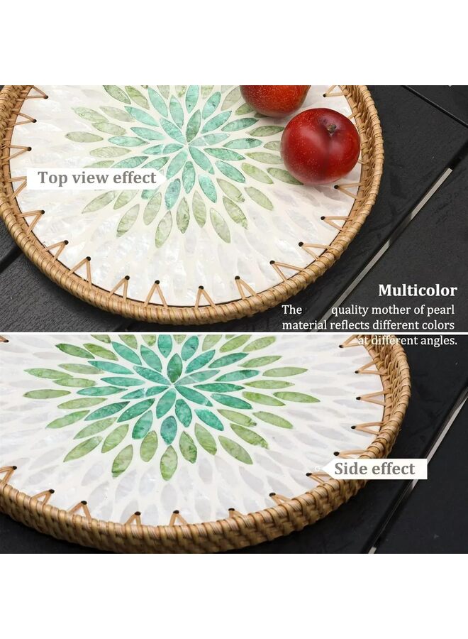 صينية من الخيزران مرصعة بعرق اللؤلؤ، سلة عرض من الخيزران للديكور، صينية تقديم دائرية للخبز والفواكه والقهوة والضروريات اليومية (11.8 بوصة) - Image 2