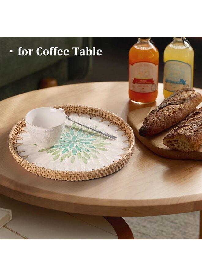 صينية من الخيزران مرصعة بعرق اللؤلؤ، سلة عرض من الخيزران للديكور، صينية تقديم دائرية للخبز والفواكه والقهوة والضروريات اليومية (11.8 بوصة) - Image 4