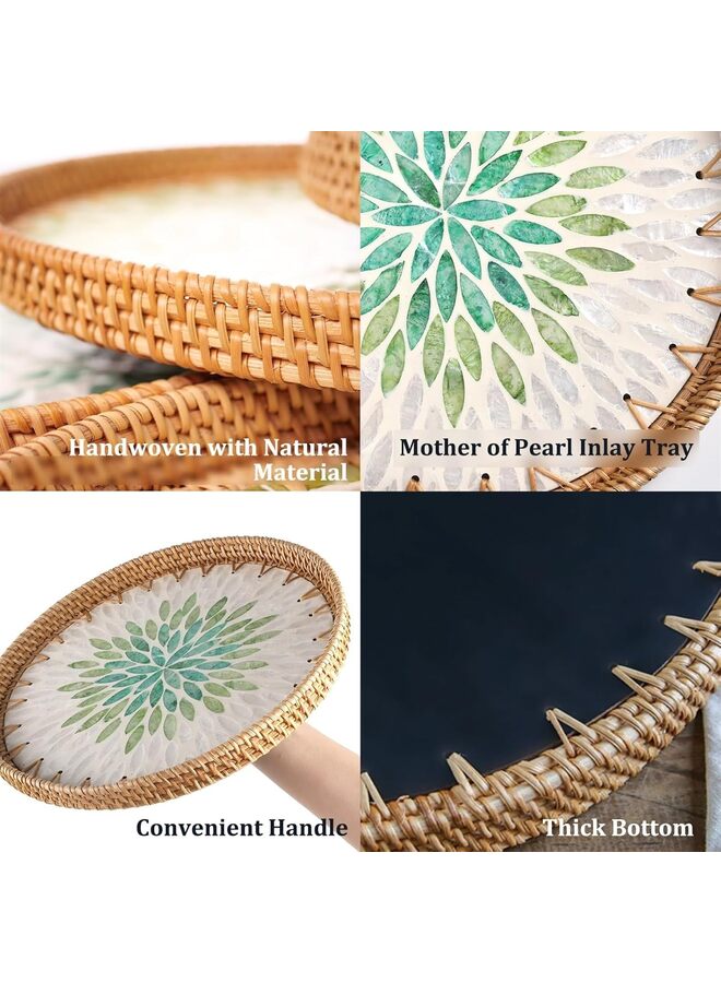 صينية من الخيزران مرصعة بعرق اللؤلؤ، سلة عرض من الخيزران للديكور، صينية تقديم دائرية للخبز والفواكه والقهوة والضروريات اليومية (11.8 بوصة) - Image 3