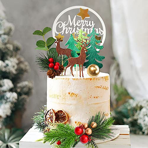 SKYCOOOOL 14PCS Christmas Cake Topper Merry Christmas Cake Decorations with Deer Santa Pine Tree for Xmas Winter Holiday Cake Decor Party Supplies Gold - Image 1