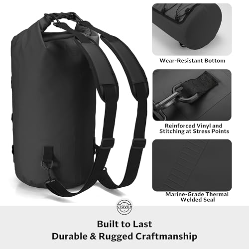 STOVER 5/10/25/30/40/55L Waterproof Dry Backpack & Phone Case- Large Floating Dry Bag for Kayaking, Travel, Hiking, Fishing, Camping, Motorcycles & Beach, Heavy-Duty Roll Top Men/Women (Black) - Image 4