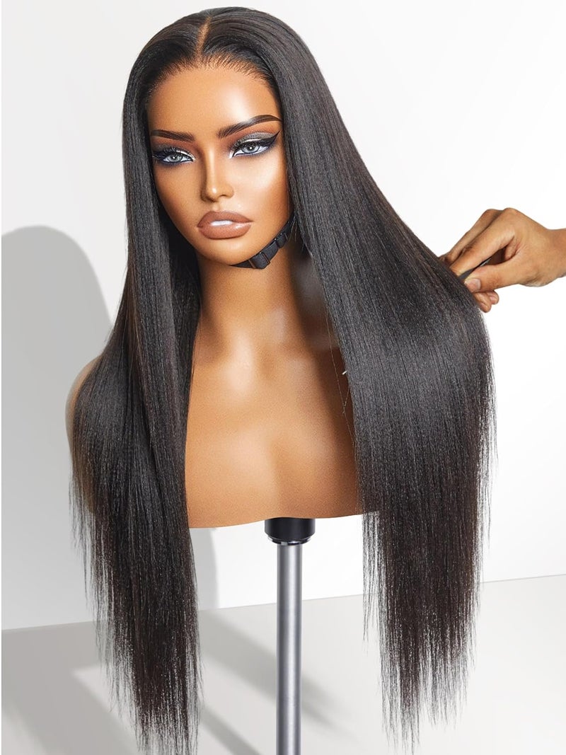 LUVME HAIR 16 Inch Yaki Straight Human Hair Wigs Pre Cut 5x5 Glueless HD Lace Closure Wig Pre Plucked Natural Black