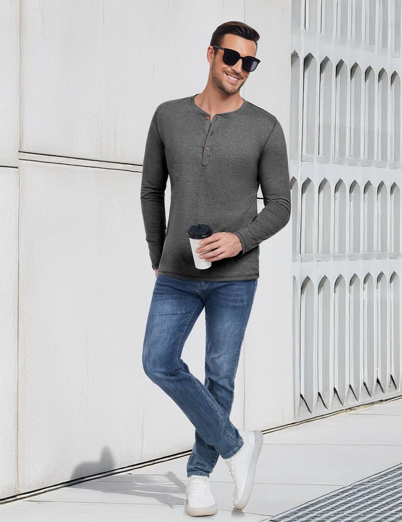 PEGENO Men's Casual Slim Fit Long Sleeve Henley T-Shirts Cotton Shirts (US X-Large, A3 Dark Gray) - Image 5