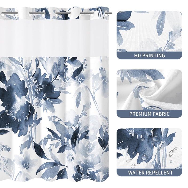 Litabel No Hook Navy Watercolor Floral Shower Curtain and Liner Set, Flower Shower Curtains with Snap in Liner for Summer Bathroom Decor, White Modern Botanical Waterproof Shower Curtain Set,72x74 - Image 5