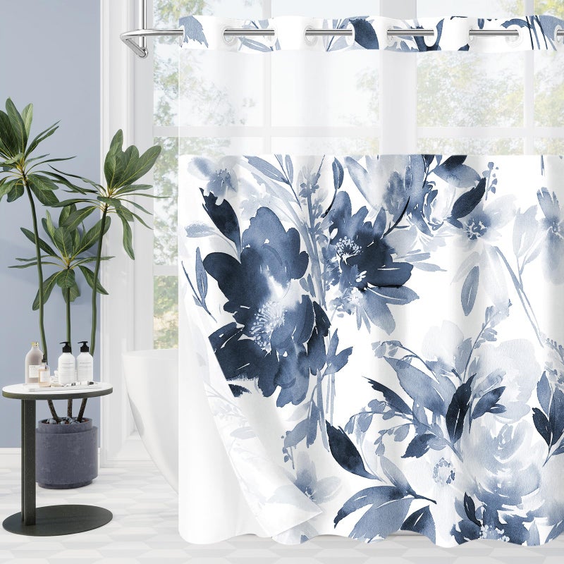 Litabel No Hook Navy Watercolor Floral Shower Curtain and Liner Set, Flower Shower Curtains with Snap in Liner for Summer Bathroom Decor, White Modern Botanical Waterproof Shower Curtain Set,72x74 - Image 1