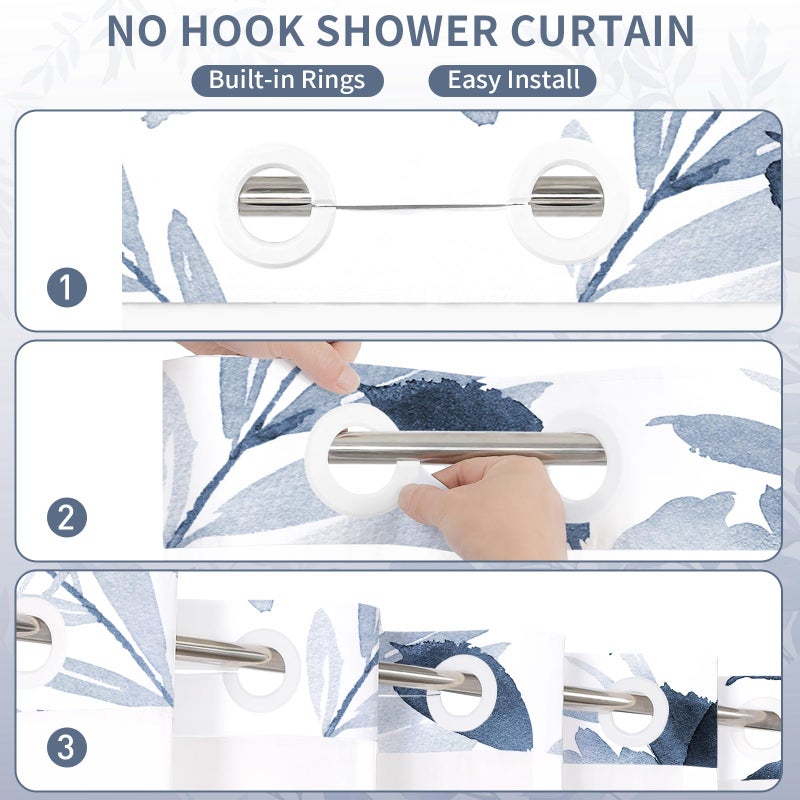 Litabel No Hook Navy Watercolor Floral Shower Curtain and Liner Set, Flower Shower Curtains with Snap in Liner for Summer Bathroom Decor, White Modern Botanical Waterproof Shower Curtain Set,72x74 - Image 4