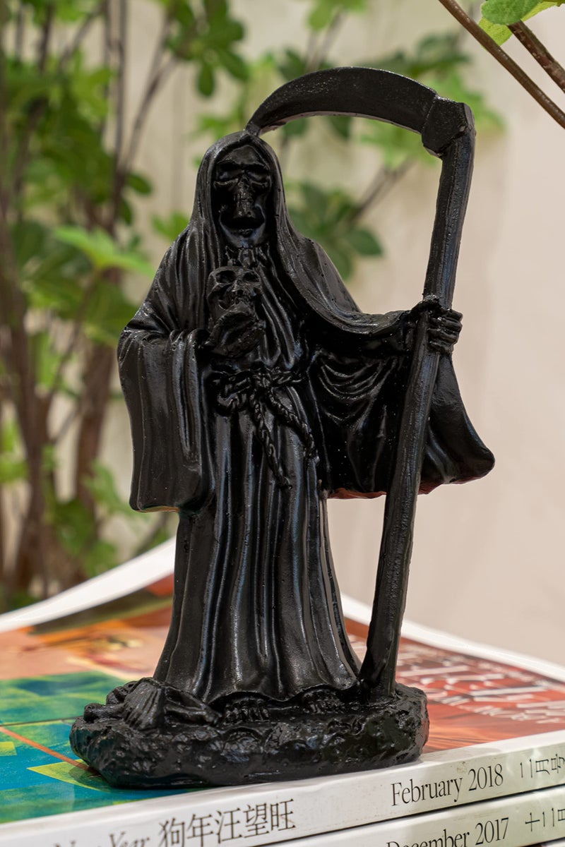 EASCHEER 53 Holy Death Santa Muerte Holding Scythe in Black Tunic Robe Statue Grim Reaper StatueAltar Sculpture Standing Religious Decorative Figurine