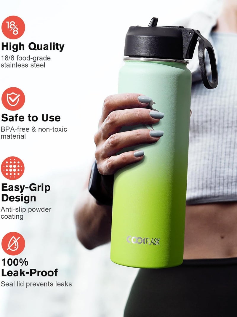 Coolflask Water Bottle 650ml Insulated with Straw, Stainless Steel Metal 3 Lids Water Flask Wide Mouth for Sports or Office, Non-BPA Keep Cold Up to 48 Hrs or Hot Up to 24 Hrs, Ombre Green - Image 3