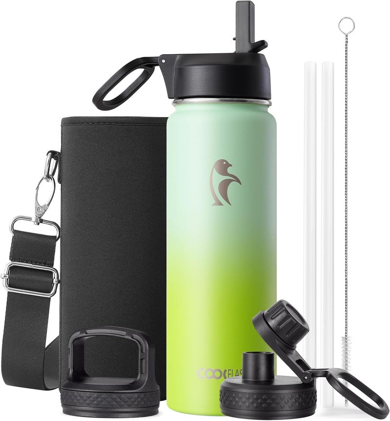 Coolflask Water Bottle 650ml Insulated with Straw, Stainless Steel Metal 3 Lids Water Flask Wide Mouth for Sports or Office, Non-BPA Keep Cold Up to 48 Hrs or Hot Up to 24 Hrs, Ombre Green - Image 1