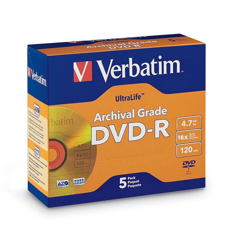Verbatim DVDR 47GB 16X UltraLife Gold Archival Grade Branded Surface and Hard Coat 5pk Jewel Case