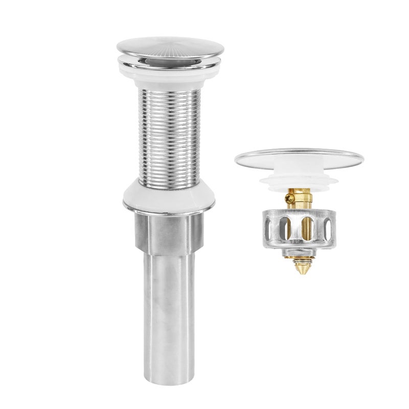 Rackickyer Bathroom Sink Drain Drain Stopper Bathroom Sink Without Overflow Pop Up Drain Assembly With Detachable Strainer Basket Built-In Anti-Clogging  Stainless Steel Nut Brushed Nickel - Image 1