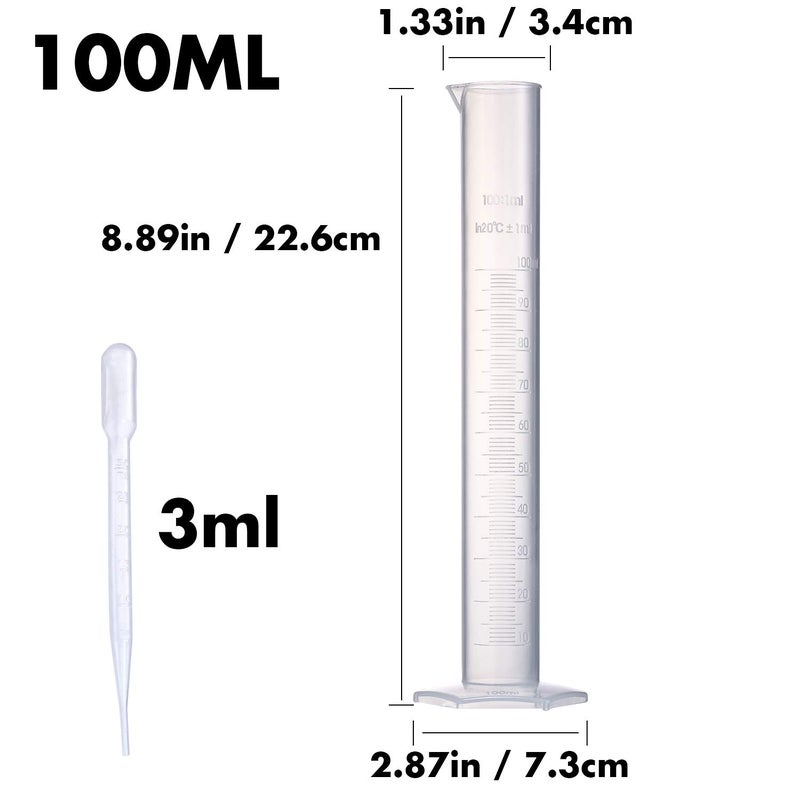Young4us Measuring Cylinder Set, 4 Sizes Graduated Polypropylene Lab Test Tubes in 100 ml, 50 ml, 25 ml, 10 ml for Laboratory, & Science Experiments with 4 Plastic Droppers in 3 ml - Image 2