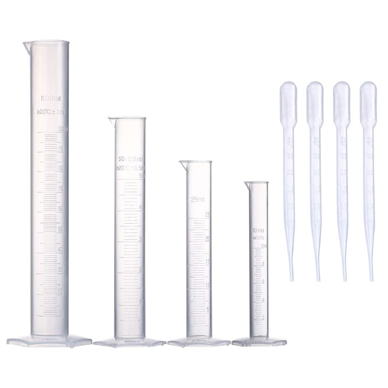 Young4us Measuring Cylinder Set, 4 Sizes Graduated Polypropylene Lab Test Tubes in 100 ml, 50 ml, 25 ml, 10 ml for Laboratory, & Science Experiments with 4 Plastic Droppers in 3 ml - Image 1