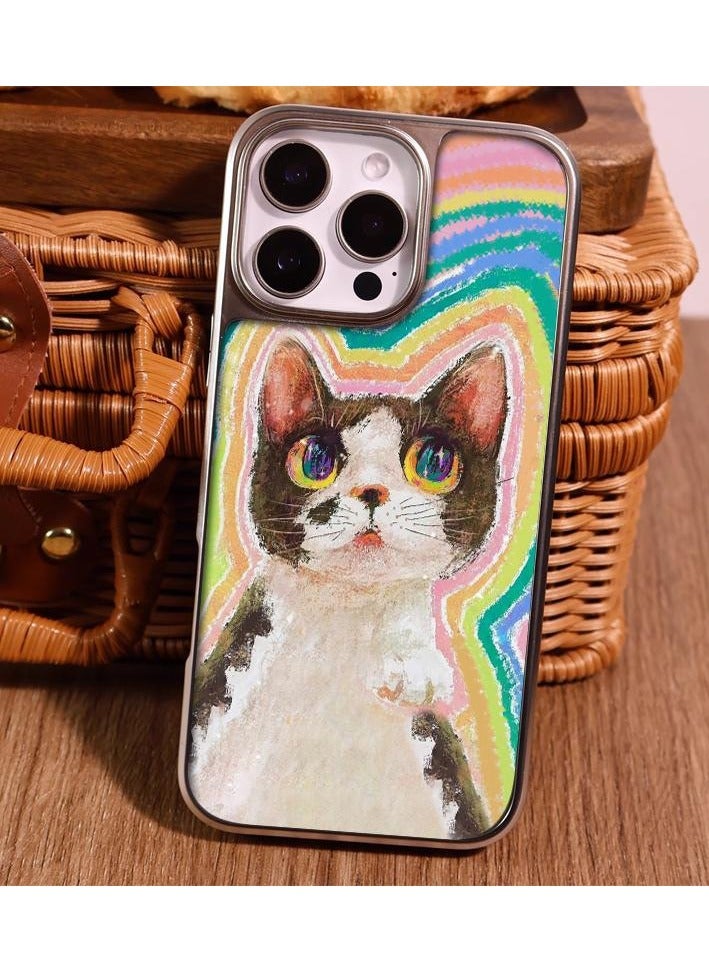 NIBEMINENT Rainbow Kitty Protective TPU Case Cover For iPhone 15 Pro Max, Electroplating Silver