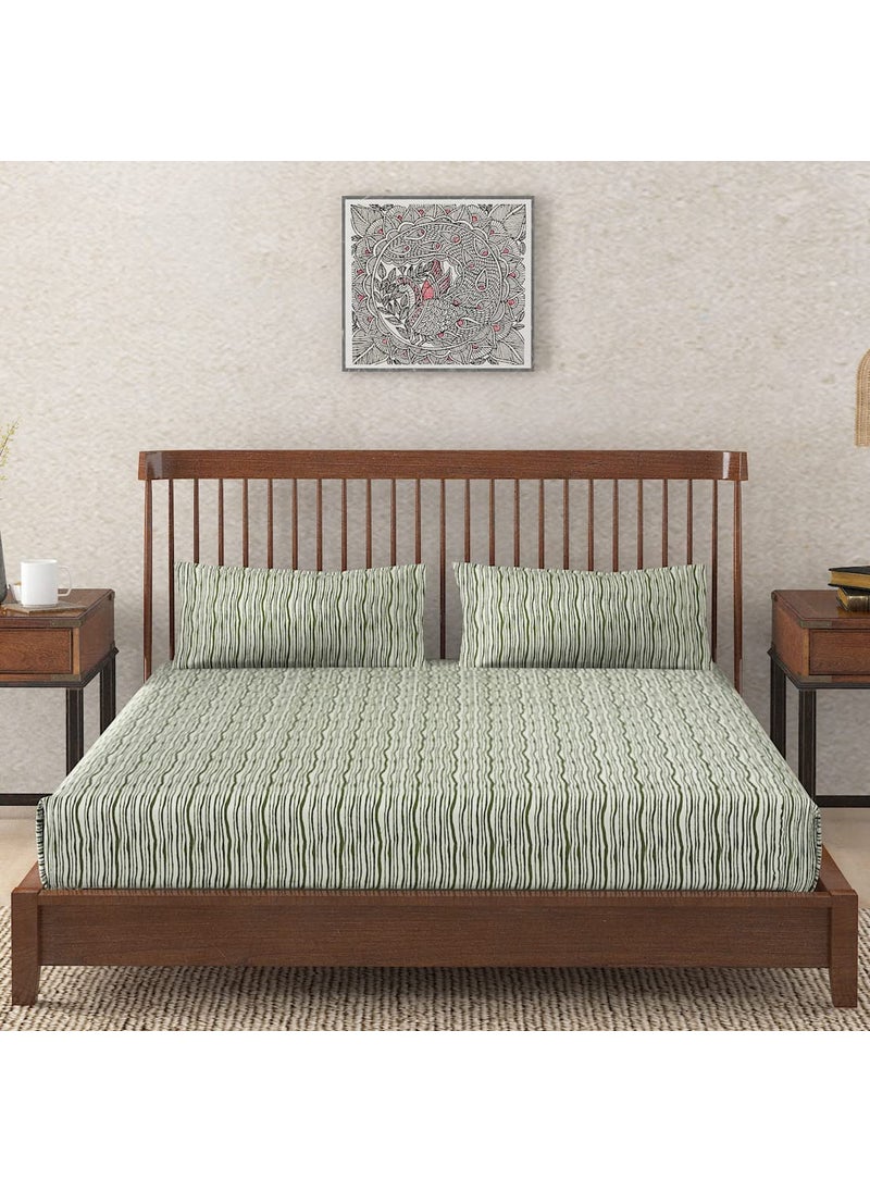 Fabindia Fabindia Bageecha Cotton Printed Bedsheet Set with 2 Pillow Covers Double Bed 2.35M X 2.6M, Beige  - Image 1