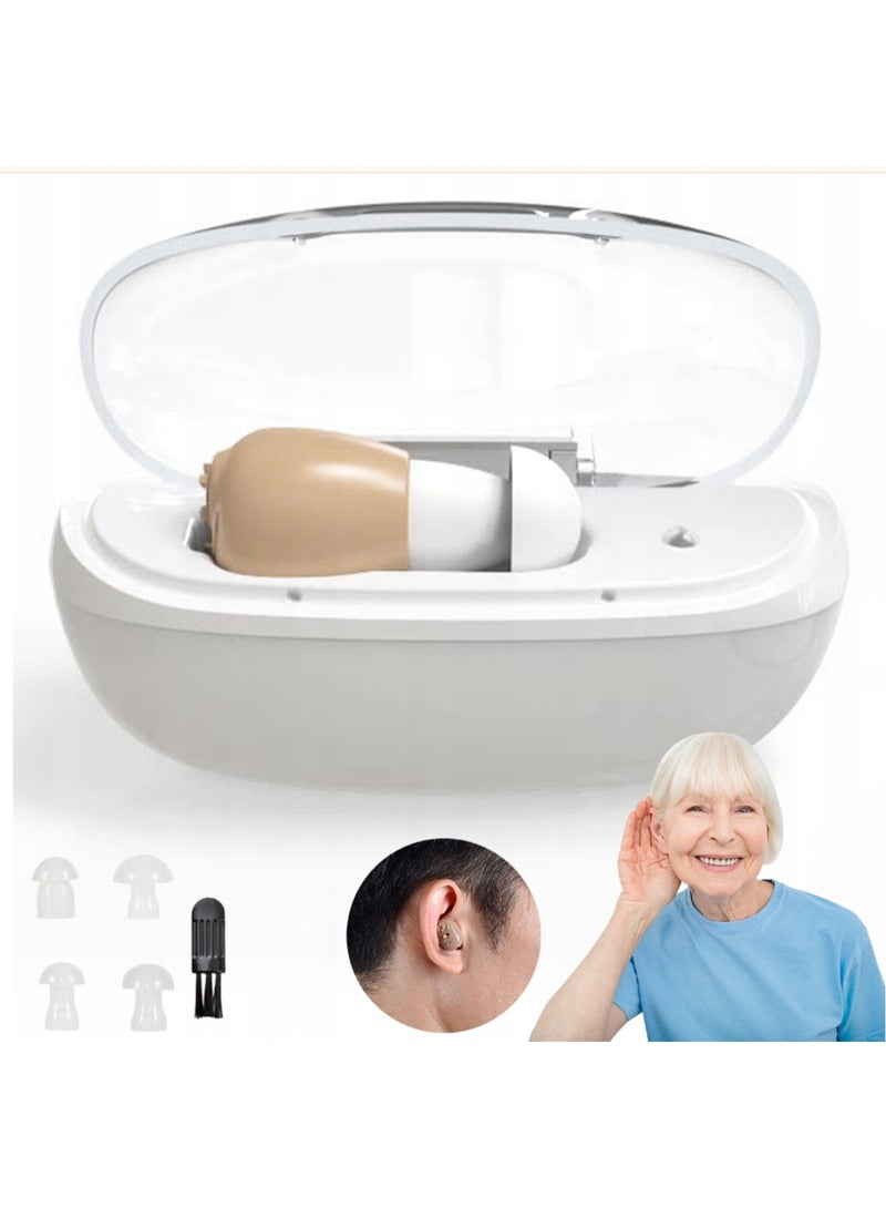 Rechargeable hearing aid for seniors, with upgradeable amplifier, adult size, noise cancellation, monocular hearing aid (skin tone). - Image 1