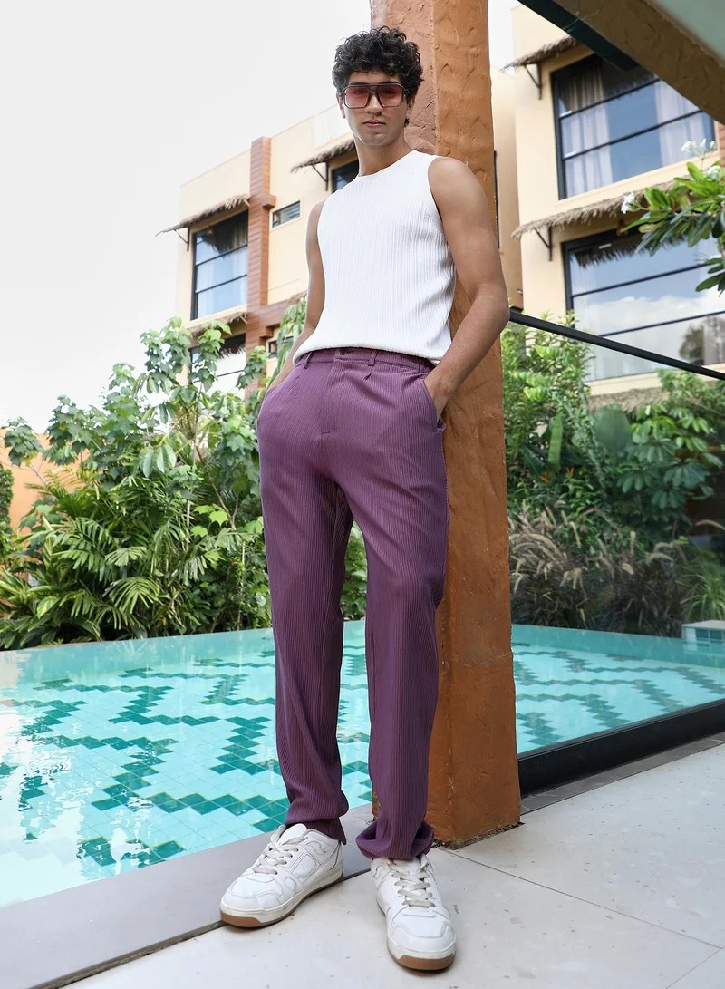 CAHOOT  Men Textured-Pleated Tailored Trousers | Mid-Rise , Side Elasticated Stretch Waist | Half-Button , Straight Hem | Solid Jacquard | Woven Fabric For Party & Evening Wear | Grape Purple for Men | Best Price UAE