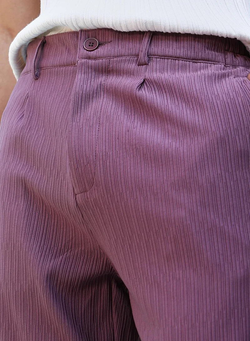 CAHOOT  Men Textured-Pleated Tailored Trousers | Mid-Rise , Side Elasticated Stretch Waist | Half-Button , Straight Hem | Solid Jacquard | Woven Fabric For Party & Evening Wear | Grape Purple for Men | Best Price UAE