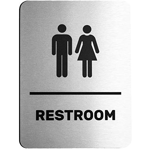 GLOBE ROCKET Unisex Restroom Sign (Brushed Aluminum) - Men and Women Modern Bathroom Signage - Restroom Signs for Business - Bathroom Signs for Business - Image 1