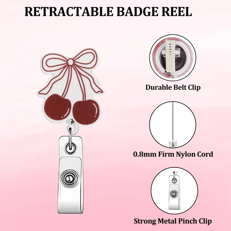GRITOSE Cute Retractable Badge Reel Bow Cherry Badge Clip Work ID Card Holder Non-Slip Retractable Badge Holder with Alligator Clip Cute Badge Reel for Nurse Doctor Teacher Office Staff - Image 2