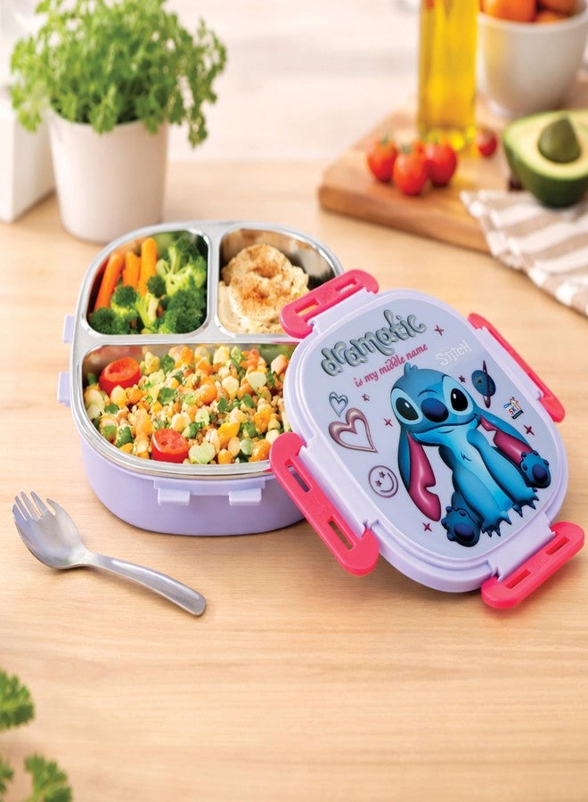 SKi Homeware Baker Insulated 3 Grid bento Lunch Box with Stainless Steel Inner and a Steel Spoon | Leak Proof | for Kids School, Travel & Gifts | Stitch - Image 3