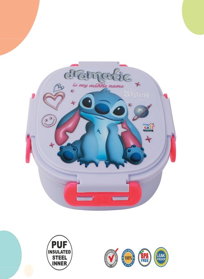 SKi Homeware Baker Insulated 3 Grid bento Lunch Box with Stainless Steel Inner and a Steel Spoon | Leak Proof | for Kids School, Travel & Gifts | Stitch - Image 5