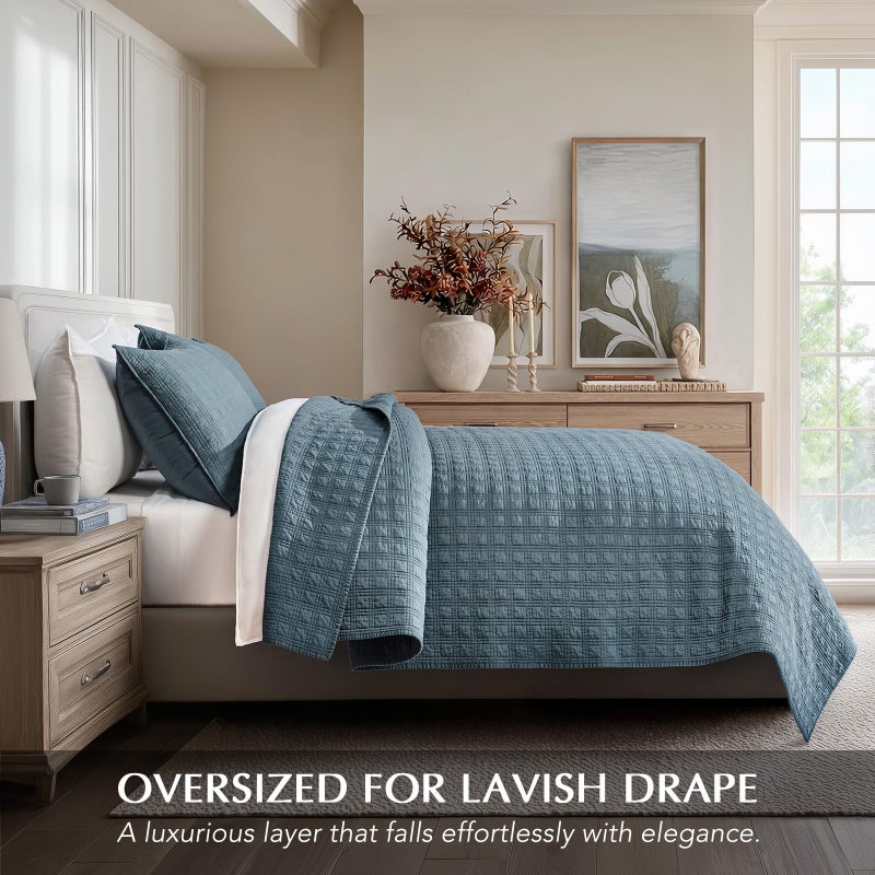 EVERGRACEHOME Windowpane Cotton Sateen Quilt Set Queen Size, Pre-Washed 100% Cotton Coverlet Bedspread, 3-Piece Soft Lightweight Bedding Set with 2 Shams for All Seasons, Sonoma Blue - Image 2