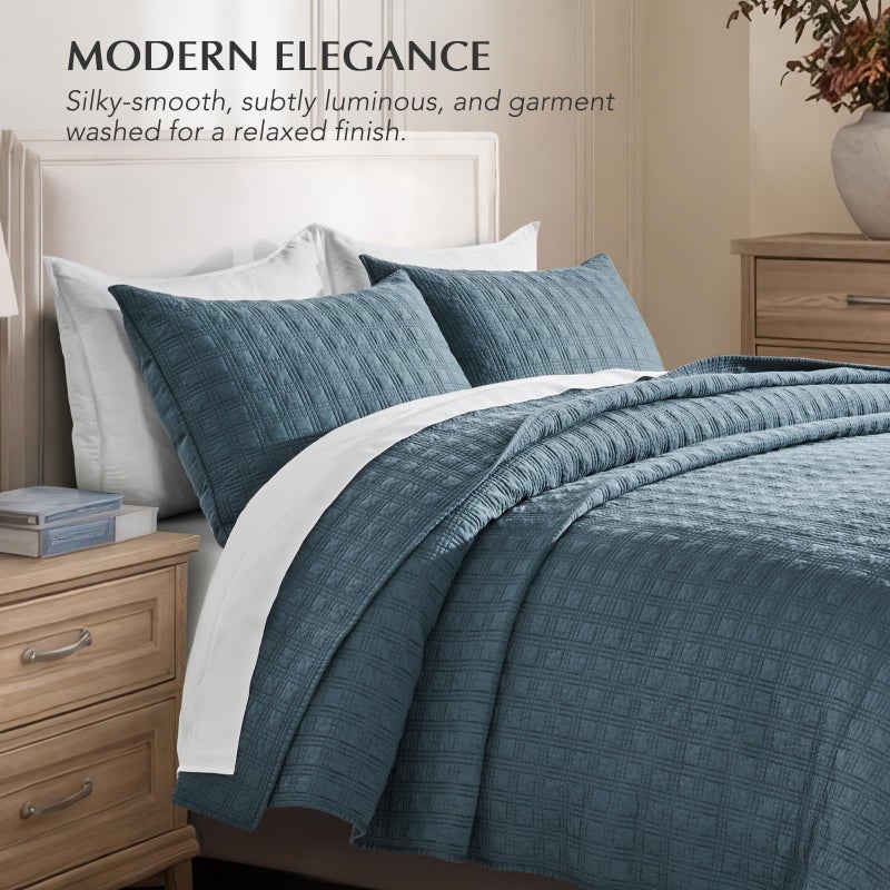 EVERGRACEHOME Windowpane Cotton Sateen Quilt Set Queen Size, Pre-Washed 100% Cotton Coverlet Bedspread, 3-Piece Soft Lightweight Bedding Set with 2 Shams for All Seasons, Sonoma Blue - Image 4