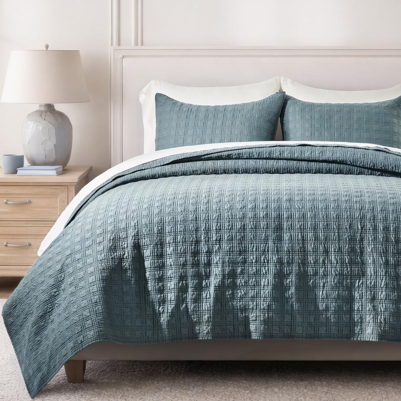 EVERGRACEHOME Windowpane Cotton Sateen Quilt Set Queen Size, Pre-Washed 100% Cotton Coverlet Bedspread, 3-Piece Soft Lightweight Bedding Set with 2 Shams for All Seasons, Sonoma Blue - Image 1