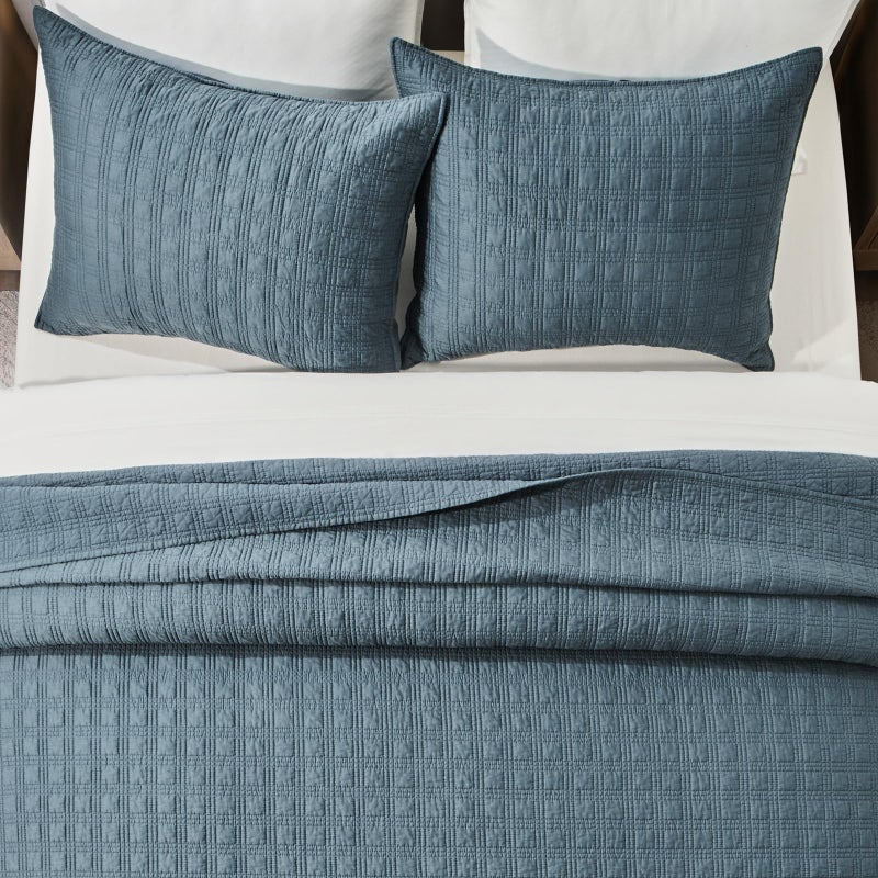 EVERGRACEHOME Windowpane Cotton Sateen Quilt Set Queen Size, Pre-Washed 100% Cotton Coverlet Bedspread, 3-Piece Soft Lightweight Bedding Set with 2 Shams for All Seasons, Sonoma Blue - Image 5