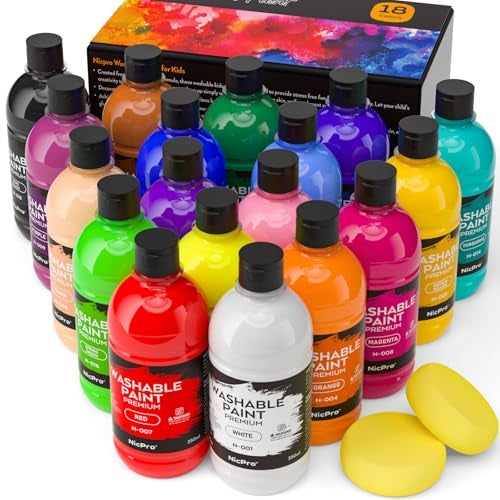 Nicpro 18 Colors Large Washable Paint Set for Kid 845oz Acrylic Bulk Paint Supplies Non Toxic Tempera Paint for Art Craft DIY Poster Finger Paint School Home Teacher Classroom Must Haves - Image 1