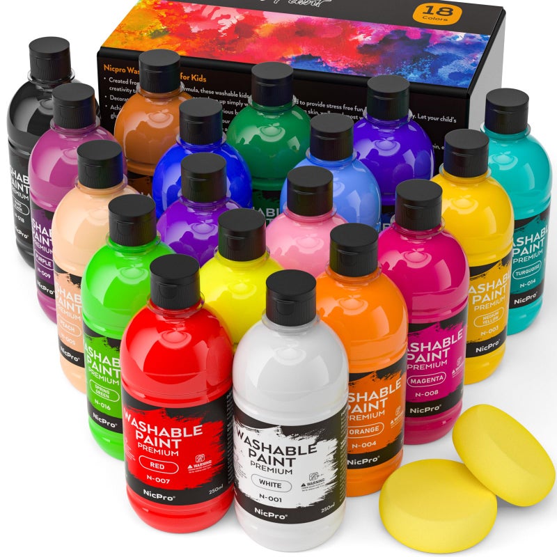 Nicpro 18 Colors Large Washable Paint Set for Kid 845oz Acrylic Bulk Paint Supplies Non Toxic Tempera Paint for Art Craft DIY Poster Finger Paint School Home Teacher Classroom Must Haves - Image 2