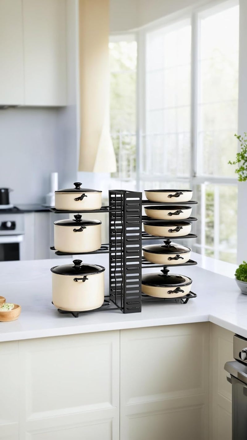 Honwor رف منظم خزانة المطبخ، حامل مزدوج الجوانب بتوفير المساحة من 8 طبقات مع فواصل قابلة للتعديل، سلك حديد أسود - حل تخزين فعال للأواني والمقالي - Image 2