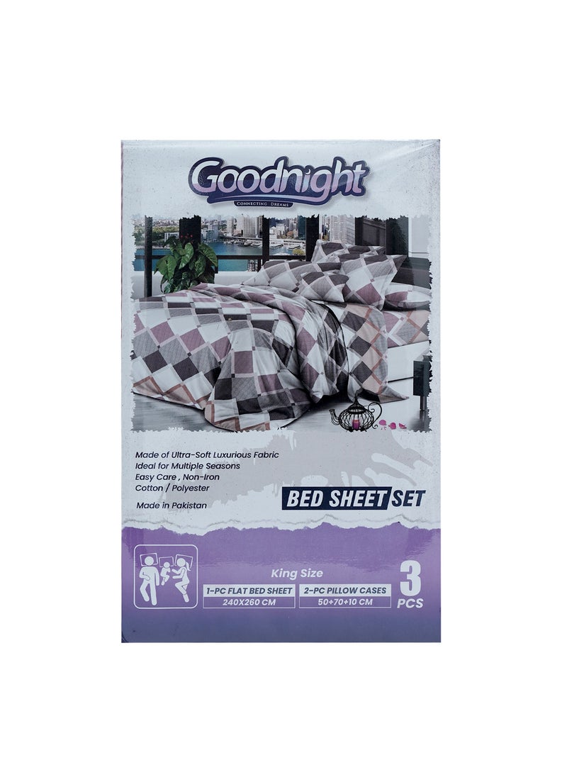 GOODNIGHT 3 Piece Luxury Bed Sheet Set with 1 Flat Sheet and 2 Pillowcases Crafted from Ultra Soft and Breathable Cotton and Polyester blend, Size 240 x 260 Cm, Assorted color 