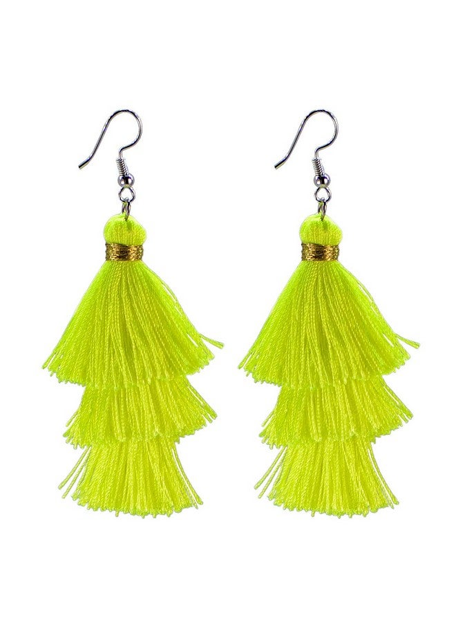 AD BEADS Fashion Copper Dangle Tassel 3 Layers Fan Fringe Earrings Lime Yellow 3.15 In - Image 1