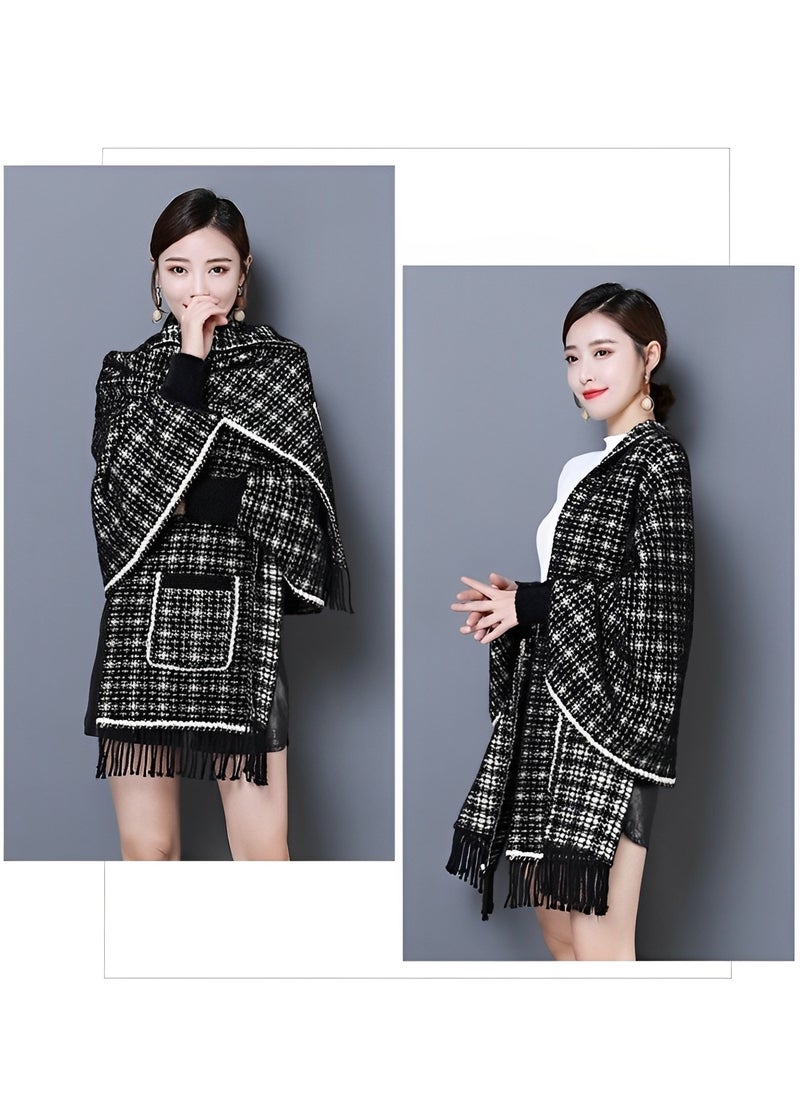 Women's Warm Shawl Open Front Poncho Cape Plaid Shawls Knit Fringe Shawl Wraps Warm Capes Winter Cardigan Wrap Printed Ponchos