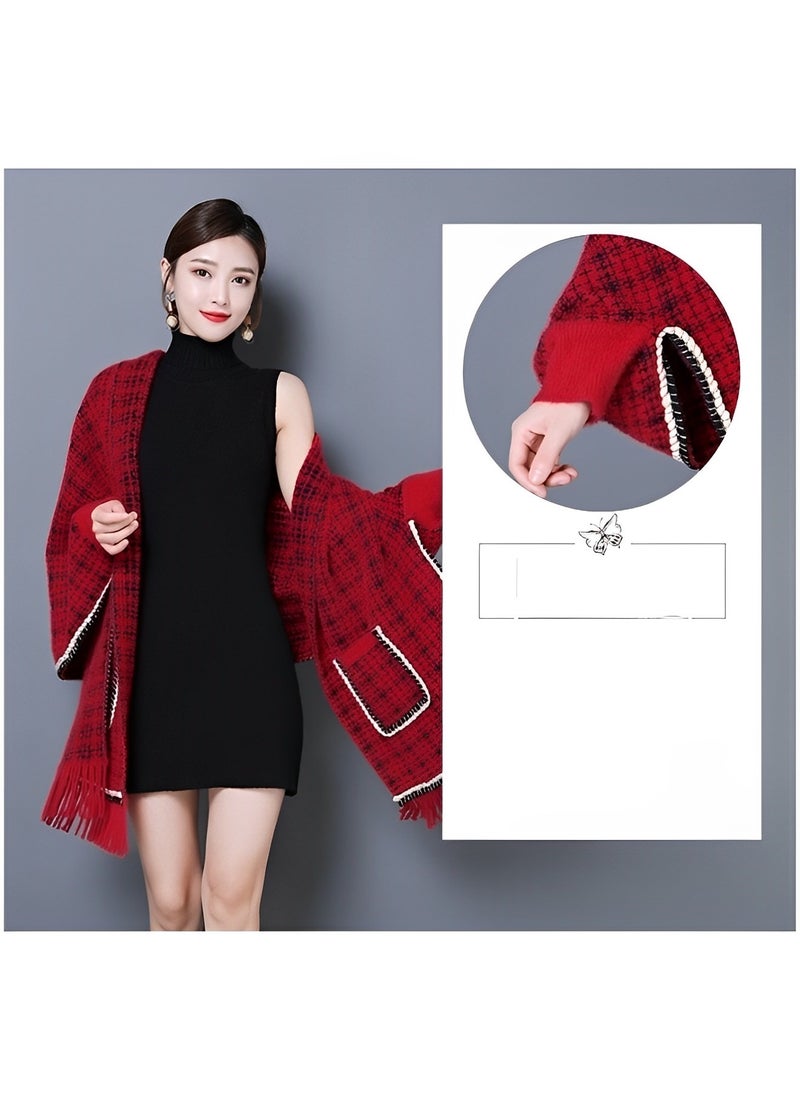 Women's Warm Shawl Open Front Poncho Cape Plaid Shawls Knit Fringe Shawl Wraps Warm Capes Winter Cardigan Wrap Printed Ponchos