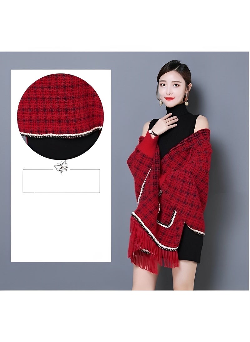 Women's Warm Shawl Open Front Poncho Cape Plaid Shawls Knit Fringe Shawl Wraps Warm Capes Winter Cardigan Wrap Printed Ponchos