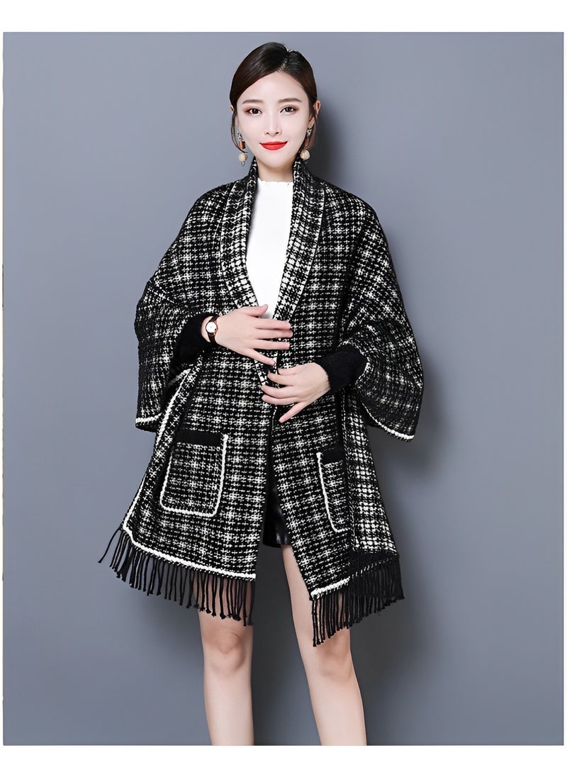 Women's Warm Shawl Open Front Poncho Cape Plaid Shawls Knit Fringe Shawl Wraps Warm Capes Winter Cardigan Wrap Printed Ponchos