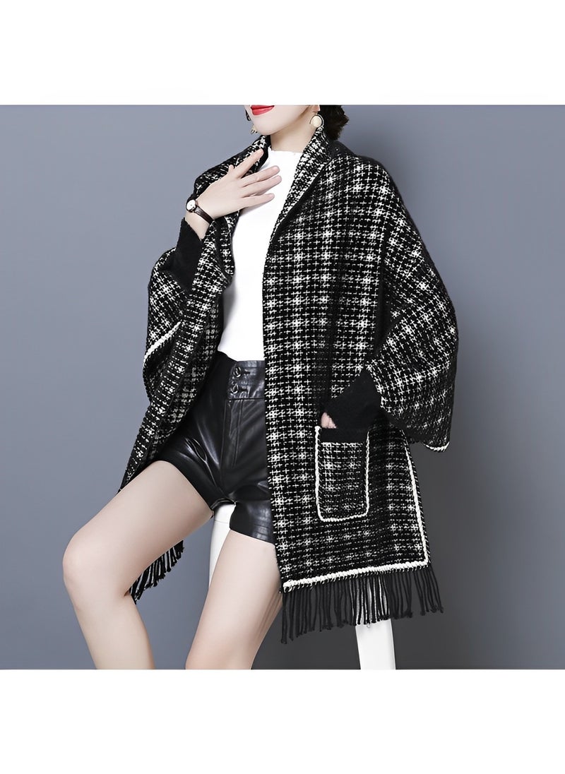 Women's Warm Shawl Open Front Poncho Cape Plaid Shawls Knit Fringe Shawl Wraps Warm Capes Winter Cardigan Wrap Printed Ponchos