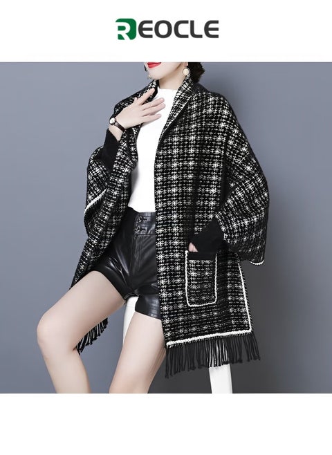Women's Warm Shawl Open Front Poncho Cape Plaid Shawls Knit Fringe Shawl Wraps Warm Capes Winter Cardigan Wrap Printed Ponchos