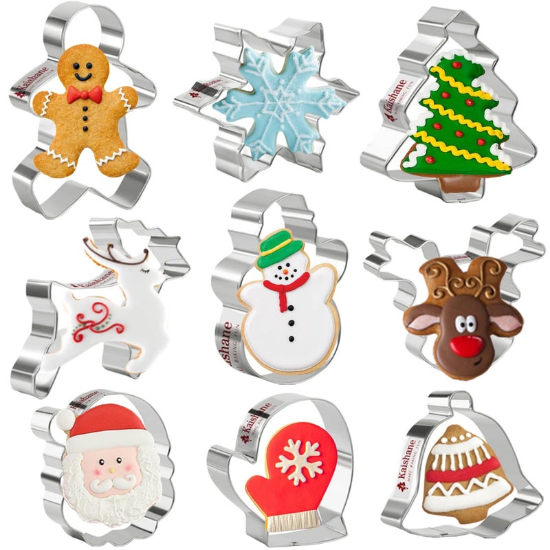 KAISHANE Christmas Cookie Cutters Set of 9 - Star Tree Angel Bell Stocking & More Shapes Stainless Steel - Image 1