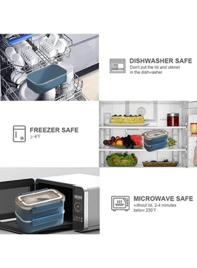 GGEROU Stainless Steel Lunch Box Double-Layer Insulated Bento Box with Compartments and Tableware 1.6L Blue  - Image 5