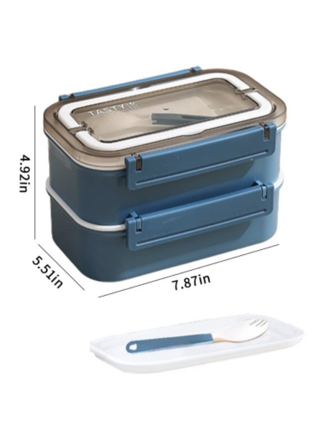 GGEROU Stainless Steel Lunch Box Double-Layer Insulated Bento Box with Compartments and Tableware 1.6L Blue  - Image 2