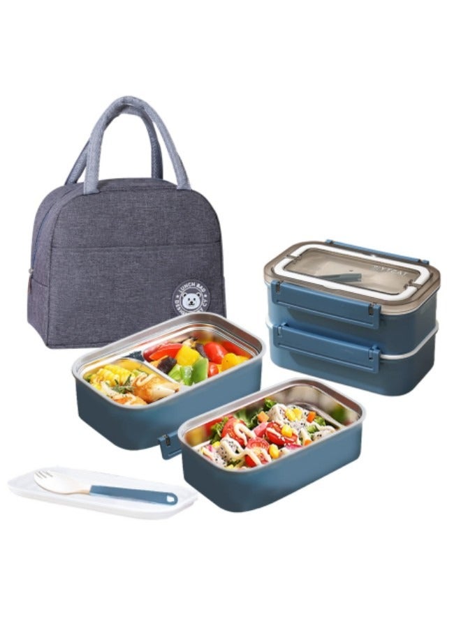 GGEROU Stainless Steel Lunch Box Double-Layer Insulated Bento Box with Compartments and Tableware 1.6L Blue  - Image 1