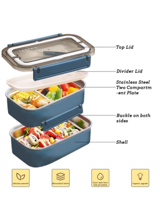 GGEROU Stainless Steel Lunch Box Double-Layer Insulated Bento Box with Compartments and Tableware 1.6L Blue  - Image 3