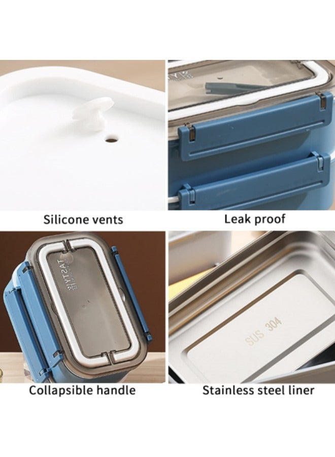 GGEROU Stainless Steel Lunch Box Double-Layer Insulated Bento Box with Compartments and Tableware 1.6L Blue  - Image 4