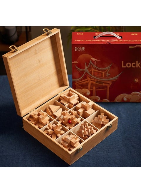 Luban Lock Kongming Lock Beech Wood Unlock Unleash Unleash Children's Collage Building Blocks Toy Boys Primary School Edition Cheap-Color:[high-end Wooden Box] 9-piece Set B (recommended For Primary School Students)